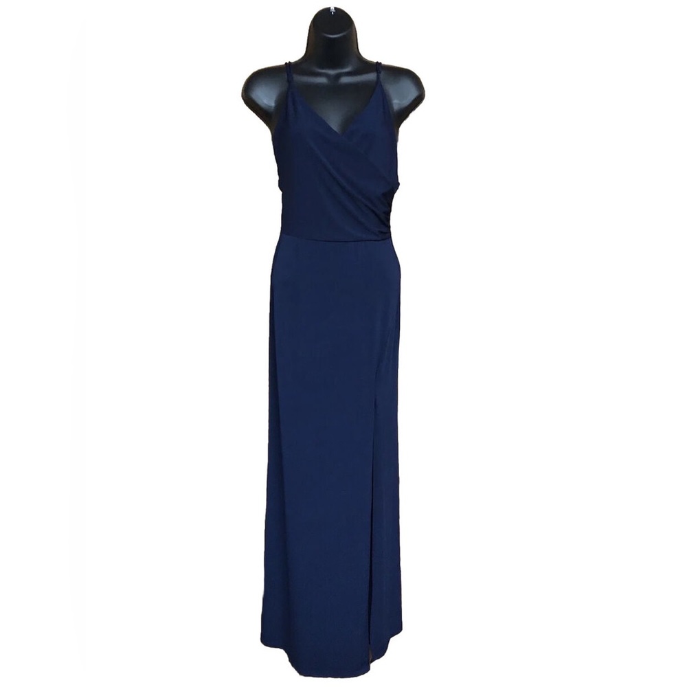 Women's Fashion Nova NWT Navy Blue Mock Wrap Long Maxi VNeck Gown; Sz Small